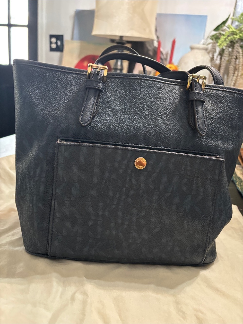 Michael Kors Maisie Black Signature MK Tote with Gold Accents